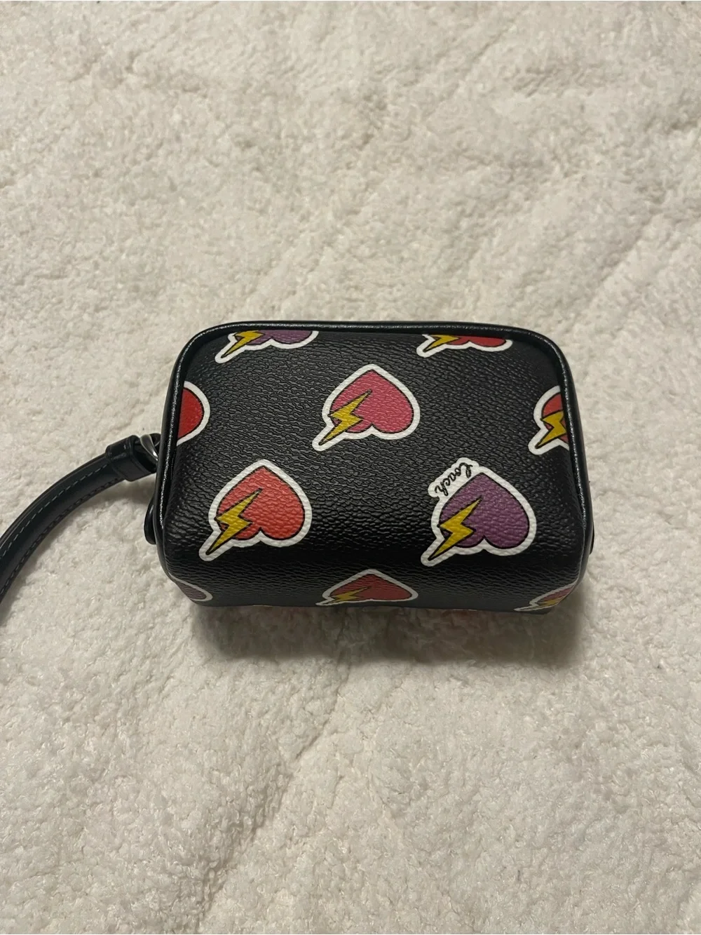 Coach Black Leather Wristlet with Red, Pink & Purple Heart Lightning Motif